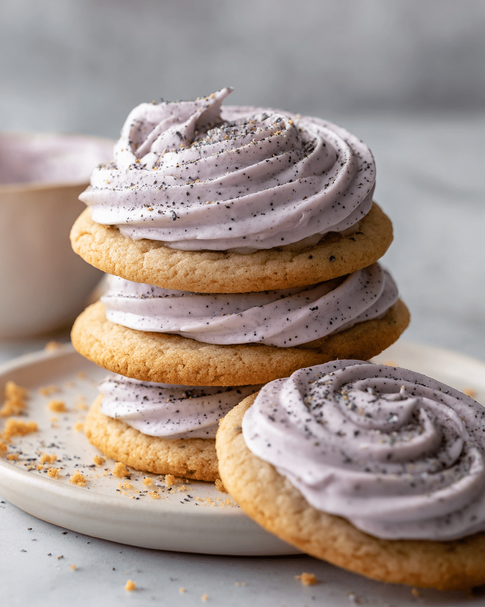 The image shows a stack of three light brown cookies on a white plate, each cookie layered with thick, pale lavender-purple frosting that has small black specks inside. The frosting is piped in smooth swirls on top of each cookie. On top of the upper cookie, some fine powder is being sprinkled, with visible small particles falling from above. Surrounding the stack, there are a few more cookies with the same frosting pattern, some broken to show the soft inside. The plate is placed on a white marbled textured surface. Photo taken with an iphone --ar 4:5 --v 7