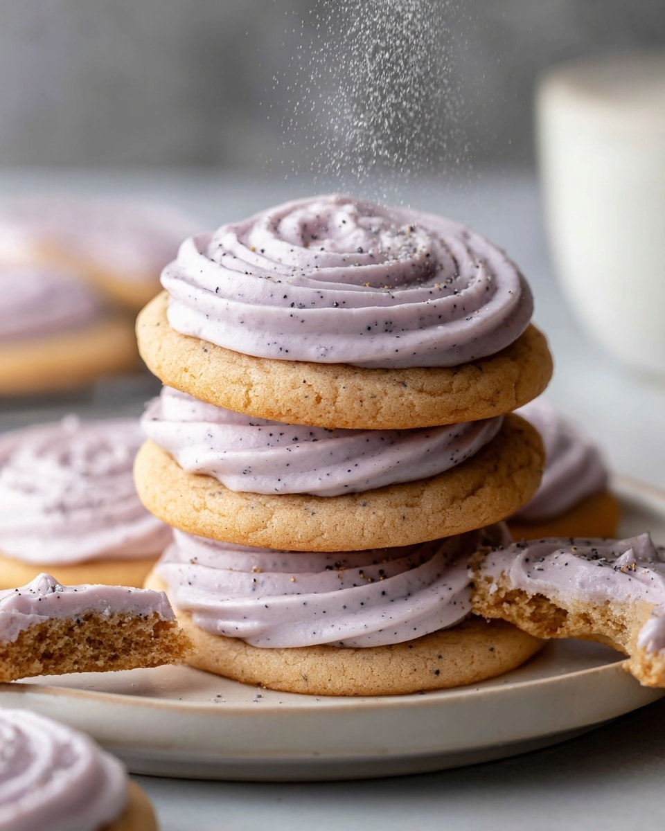 A stack of three light brown cookies with a soft, speckled lavender cream frosting layer between each cookie and on top, swirled thickly with small black specks throughout the frosting. The top frosting layer has a light dusting of fine black powder falling from above. Next to the stack, a single cookie lies flat with the same swirled frosting. They rest on a white plate with visible crumbs scattered around, all placed on a white marbled surface. photo taken with an iphone --ar 4:5 --v 7