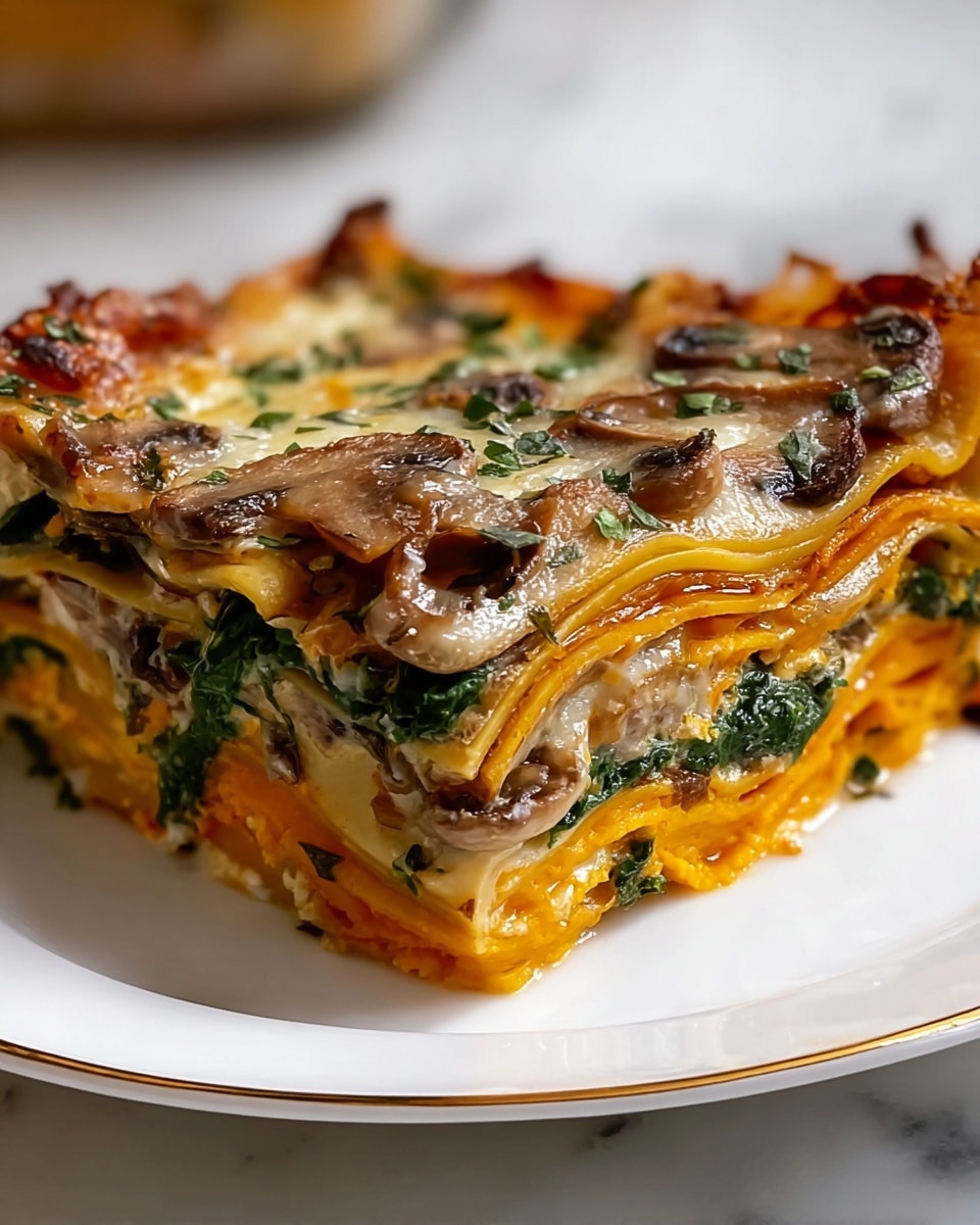 A square piece of layered lasagna sits on a round white plate with a thin gold rim, accompanied by a silver fork on the left side. The lasagna has about five visible layers, starting from the bottom with a light yellow pasta sheet, followed by a layer of thinly sliced mushrooms and green spinach leaves. Above this is another yellow pasta layer, topped with a creamy white sauce mixed with melted cheese that is golden brown and slightly bubbly on the top. The edges of the lasagna show a slightly crispy and browned texture, giving it a rich look. The plate is placed on a white marbled surface, and in the background, part of a white dish with more lasagna is visible. photo taken with an iphone --ar 4:5 --v 7