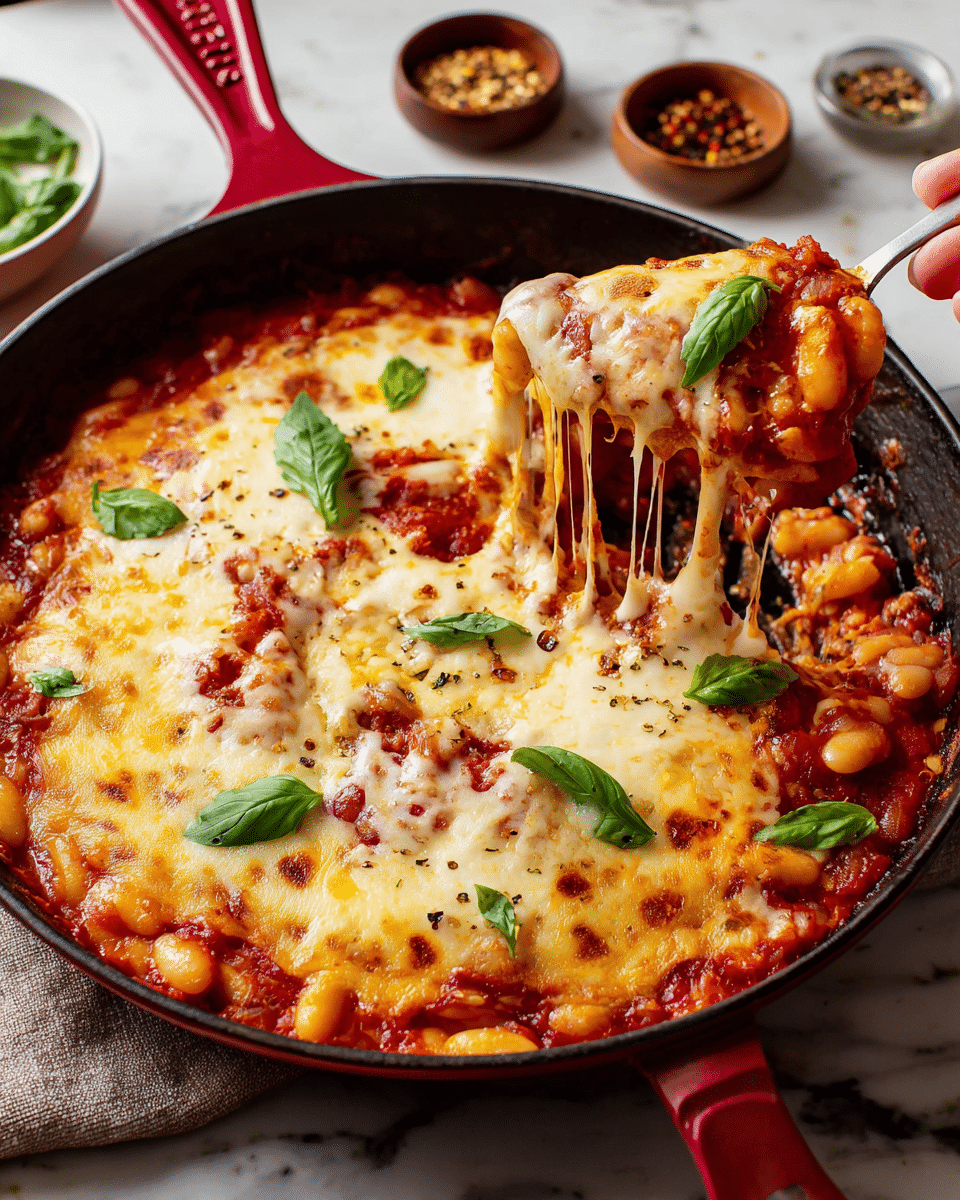 The image shows a deep red cast iron skillet filled with a baked dish made up of three main layers: at the bottom, a thick layer of bright red tomato sauce mixed with soft white beans visible throughout; in the middle, a generous spread of melted creamy yellow and white cheese, bubbly and slightly golden on top; and garnished with several fresh green basil leaves scattered on the surface. A woman's hand is lifting one cheesy, saucy piece from the pan, with strings of melted cheese stretching from the pan to the slice. The skillet sits on a white marbled textured surface, with small bowls of spices in the background. Photo taken with an iphone --ar 4:5 --v 7