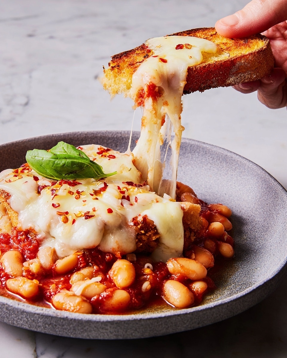 A gray plate holds a warm dish made of white beans in a thick red tomato sauce layer at the bottom, covered by a generous layer of melted white cheese that stretches as a woman’s hand lifts a piece of crisp toasted bread topped with the same beans, cheese, and a small fresh green basil leaf. The cheese looks creamy and gooey, with some red pepper flakes sprinkled on top of the cheese layer. The plate sits on a white marbled texture surface. photo taken with an iphone --ar 4:5 --v 7