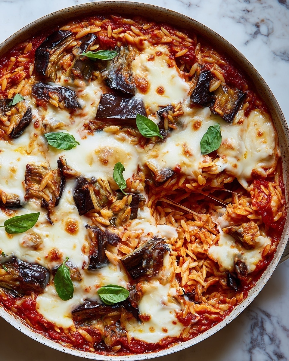 The dish is served in a round pan and has three main layers. The bottom layer is red tomato sauce mixed with bits of cooked orzo pasta, covering the pan evenly. The middle layer consists of roasted eggplant pieces that are dark purple with some charred edges, scattered over the sauce. The top layer is melted white mozzarella cheese, bubbly and browned in spots, spread across the surface with some stretchy cheese pulled up on one side. Fresh green basil leaves are sprinkled on top for color. The pan is placed on a white marbled surface. Photo taken with an iphone --ar 4:5 --v 7