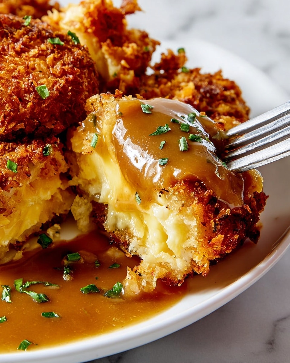 This close-up image shows a white plate with three main layers in the dish. The bottom layer is a light golden crumb coating, crispy and rough in texture. On top of this is a soft, creamy yellow inside layer that looks like cheese or a smooth filling. The top layer is a thick, glossy brown gravy with small pieces of green herbs sprinkled over it. There is also a silver fork lifting a piece of the dish, revealing the inside soft layer under the crispy coating. The background shows a white marbled texture surface. Photo taken with an iphone --ar 4:5 --v 7