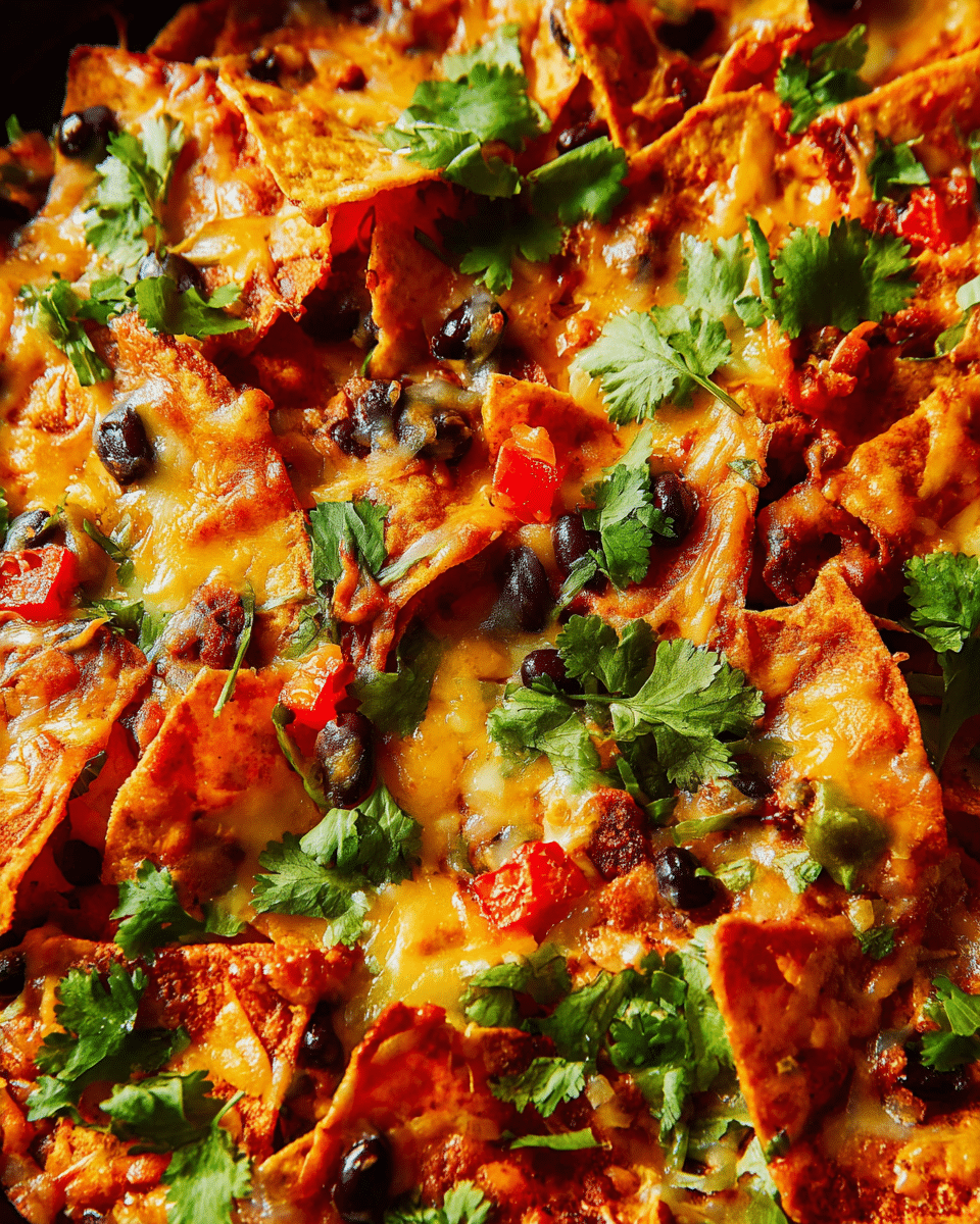 A black skillet filled with nachos showing several layers: at the bottom are crispy yellow tortilla chips scattered irregularly, topped with chunks of red bell pepper and black beans spread evenly. Over this is a generous layer of melted cheese in creamy white and orange shades, which stretches slightly as a woman's hand lifts a portion. Fresh green cilantro leaves are spotted on top, adding a pop of color. The skillet sits on a white marbled surface. photo taken with an iphone --ar 4:5 --v 7