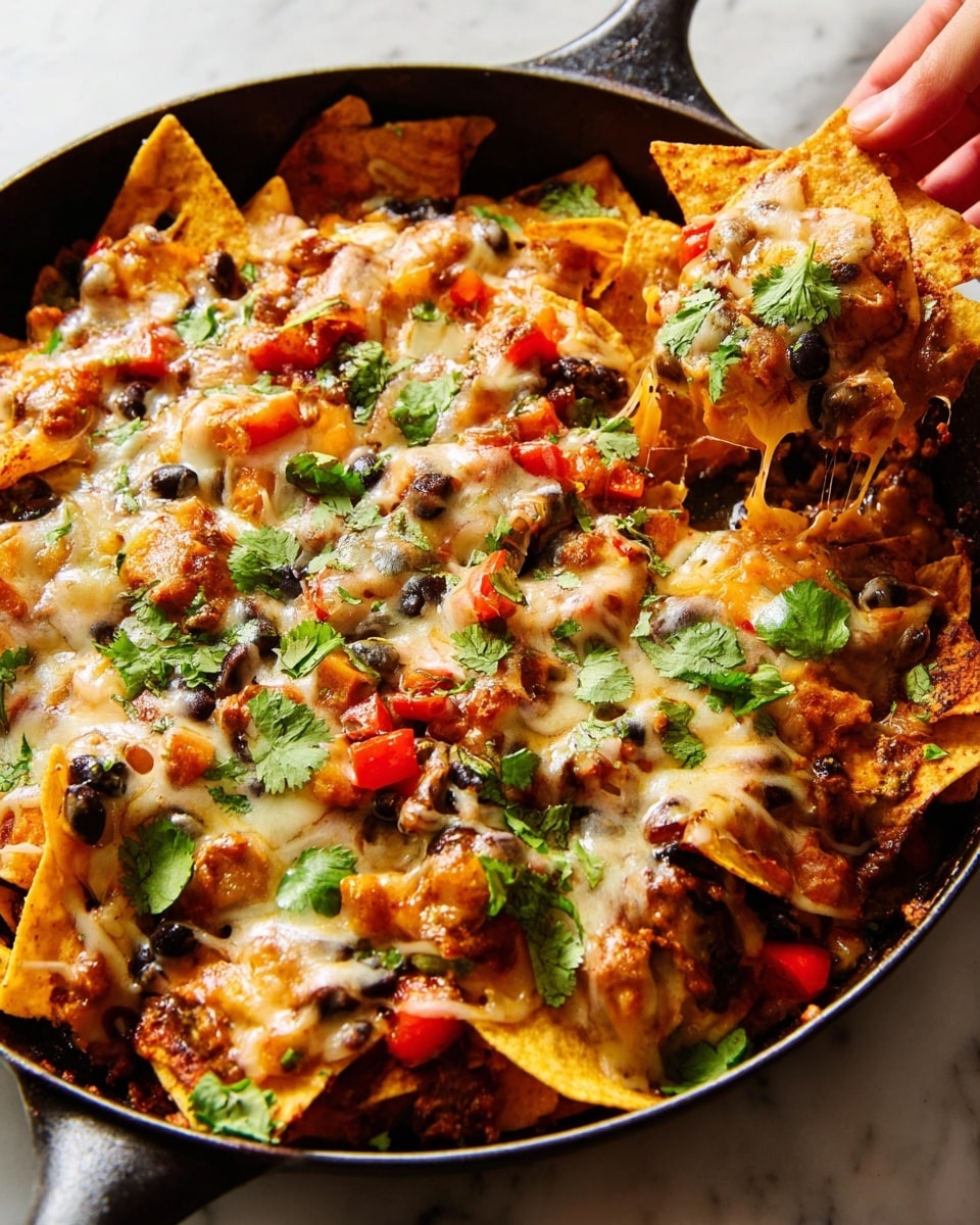 The dish shows a close-up of multiple layers of crispy, orange tortilla chips covered with melted yellow cheese and a rich red tomato sauce. Scattered throughout are small black beans and diced red bell peppers adding pops of color and texture. Fresh, bright green cilantro leaves are sprinkled on top, giving a fresh contrast to the warm tones of the chips, cheese, and sauce. All the layers blend together to make a vibrant and appetizing mix of colors and textures. photo taken with an iphone --ar 4:5 --v 7