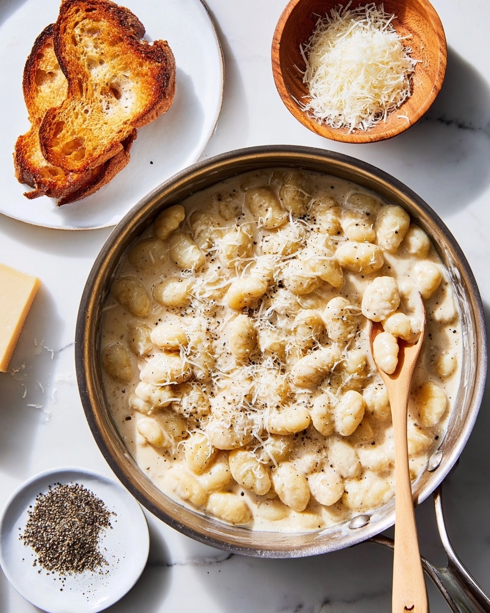 A shiny silver pan holds creamy white gnocchi mixed in a light beige sauce, sprinkled unevenly with fine, white grated cheese and small black pepper specks. A wooden spoon on the right side stirs the dish, lifting some gnocchi. Above the pan, there is a small wooden bowl filled with grated cheese and a chunk of hard cheese. To the left, a piece of toasted bread with a golden-brown crust is placed directly on a white marbled surface. Below the bread, a white plate contains coarsely ground black pepper. The overall scene is brightly lit with soft natural light. photo taken with an iphone --ar 4:5 --v 7