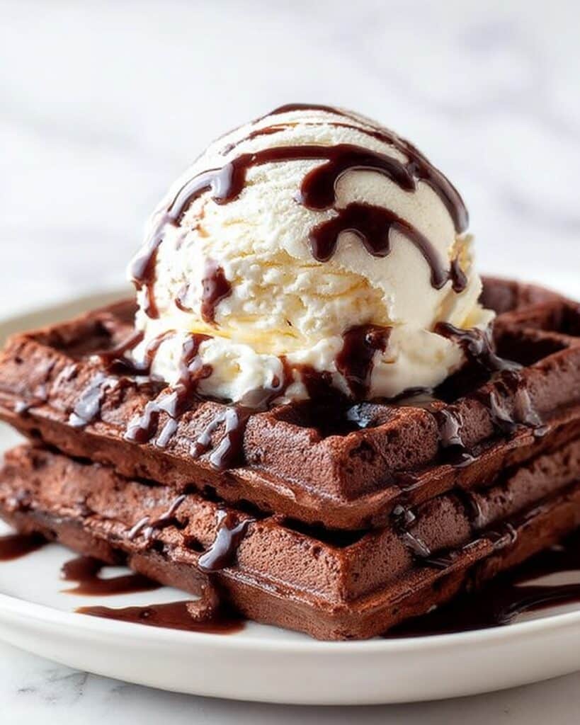 Chocolate Fudge Waffles with Chocolate Sauce and Ice Cream Recipe