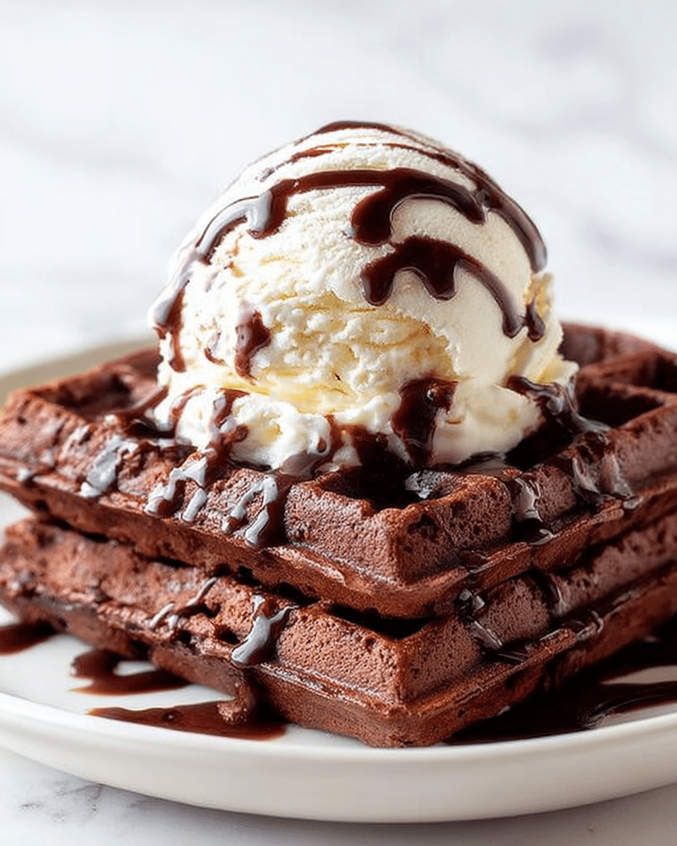The image shows two thick, stacked chocolate waffles on a white plate, with a rough and moist texture. On top of the waffles, there is a big scoop of creamy white ice cream with soft edges. Dark chocolate sauce is drizzled over the ice cream and waffles, creating a shiny, smooth layer that contrasts with the roughness of the waffles. The whole scene sits on a white marbled surface. photo taken with an iphone --ar 4:5 --v 7