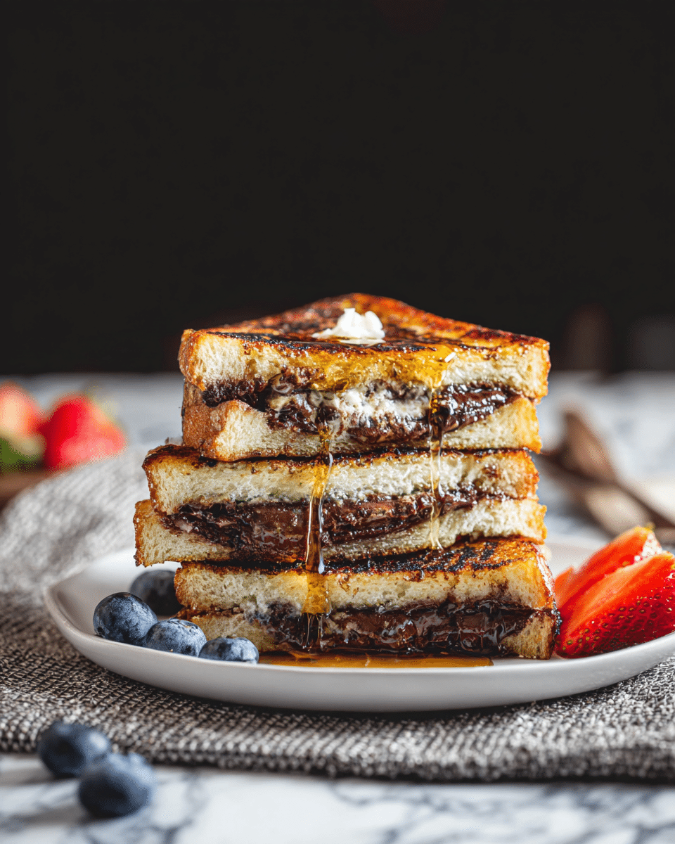 The image shows a stack of three grilled sandwich halves on a white plate. Each sandwich has two thick, golden-brown toasted bread slices with a melted, dark chocolate filling in between. The top sandwich half is slightly tilted, with a small dollop of melting butter and syrup dripping down the sides. Around the plate, there are a few blueberries and a sliced strawberry for garnish. The plate rests on a textured gray cloth, set against a white marbled surface with a blurred dark background. photo taken with an iphone --ar 4:5 --v 7