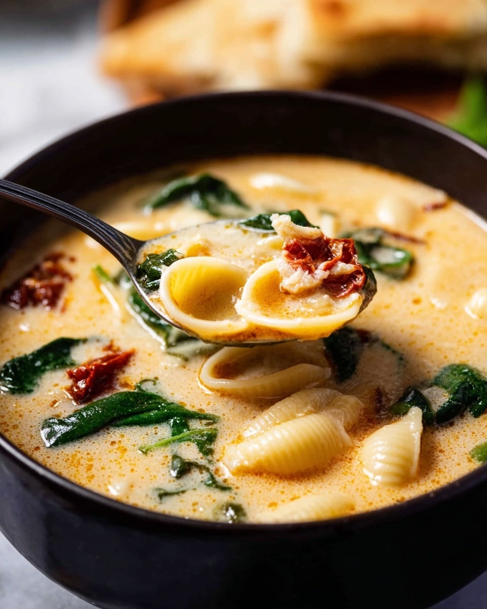 A close-up view of a bowl of creamy soup with small shell-shaped pasta, wilted green spinach leaves, and small pieces of sun-dried tomato floating on the surface. The soup has a warm, light orange color with a smooth, slightly frothy texture. A spoon is scooping a portion of the soup, filled with pasta, spinach, and sun-dried tomato, above the bowl. The bowl is black, set on a white marbled surface, and there is a blurred piece of flatbread in the background. Photo taken with an iphone --ar 4:5 --v 7