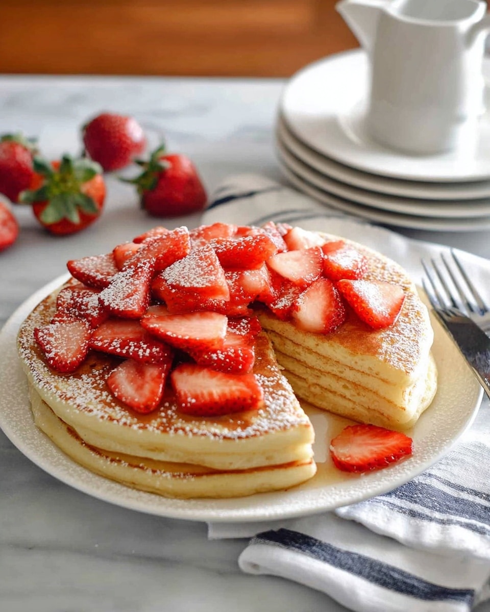 A stack of three thick, golden brown pancakes on a white plate, topped with bright red sliced strawberries spread evenly over the surface. The pancakes are dusted lightly with powdered sugar, adding a fine white layer on top of the strawberries and pancakes. A slice of the pancake stack is being lifted, showing the soft, fluffy texture and the neat layers. The plate sits on a white marbled surface with a white and blue striped cloth beneath, a few whole strawberries scattered nearby, and a white ceramic creamer jug and stacked white plates in the background. photo taken with an iphone --ar 4:5 --v 7