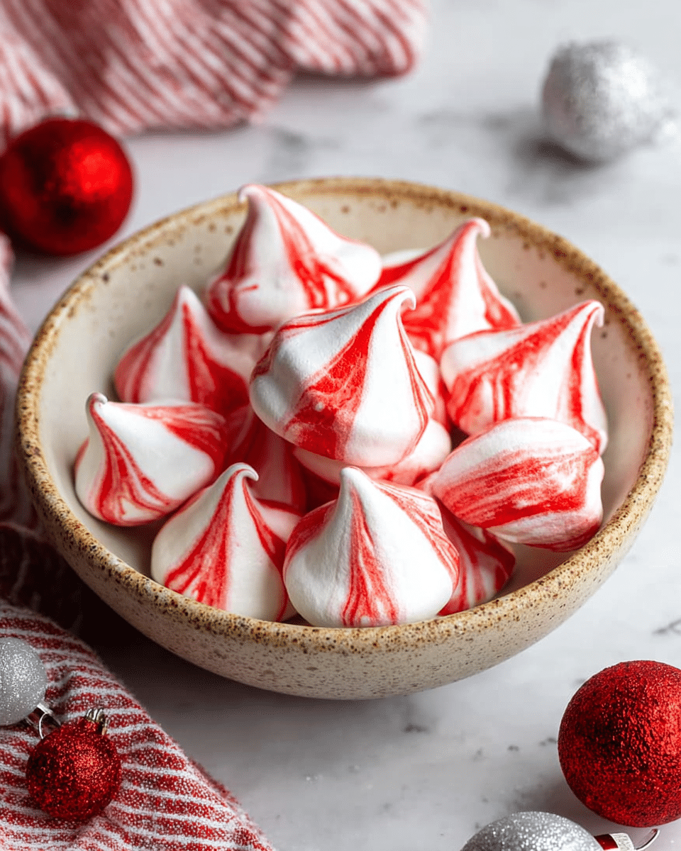 A round bowl with a rough light brown rim and white inside holds several small, pointed meringue cookies. Each meringue is white with bright red swirls mixed in, creating a striped, marbled look. The meringues are tall and peaked, showing smooth and slightly shiny surfaces. Around the bowl, you can see a soft red and white striped fabric and a few red and silver Christmas ornaments placed on a white marbled texture surface. Photo taken with an iphone --ar 4:5 --v 7