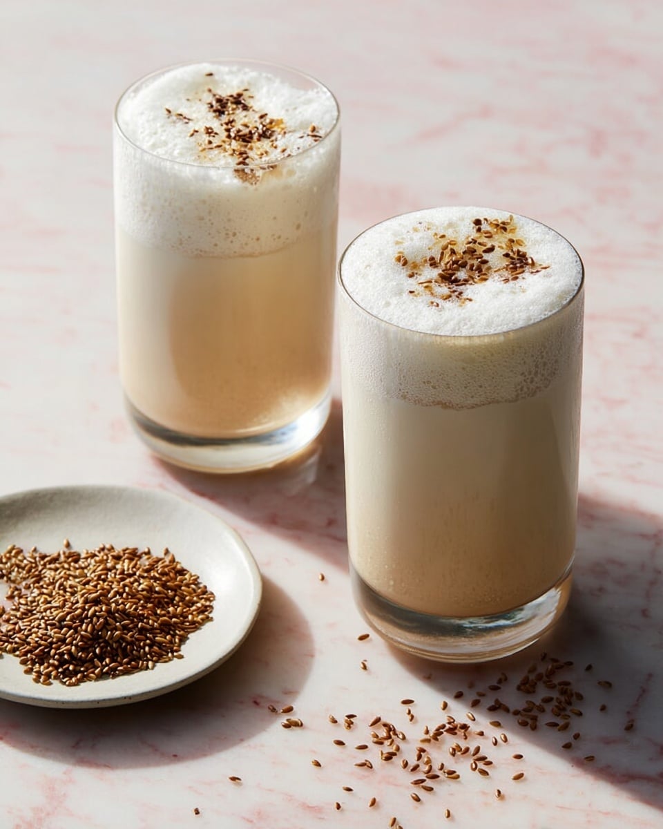 Two clear glasses stand on a white marbled surface, each filled with a creamy, frothy drink. The drink has about three layers: a pale beige bottom, a slightly thicker middle layer, and a foamy white top sprinkled with small brown seeds. Next to the glasses is a small white plate filled with a small pile of these brown seeds. The overall lighting creates soft shadows, highlighting the texture of the foam and seeds. photo taken with an iphone --ar 4:5 --v 7