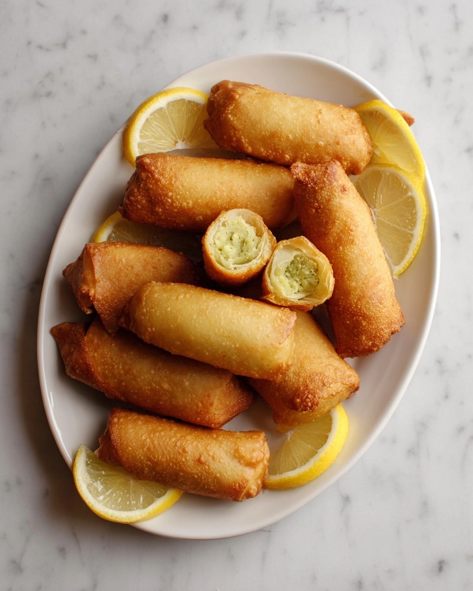 A white oval plate holds eleven golden-brown fried rolls arranged in a scattered pile, with one roll cut in half to show a soft, light green filling inside. Around the rolls, four lemon wedges with bright yellow skin and pale juicy flesh sit on the plate’s edges. The plate is set on a white marbled surface that adds a soft, natural pattern. The fried rolls have a crispy, slightly shiny texture with some small cracks on the surface, and the inside looks smooth and fluffy. Photo taken with an iphone --ar 4:5 --v 7