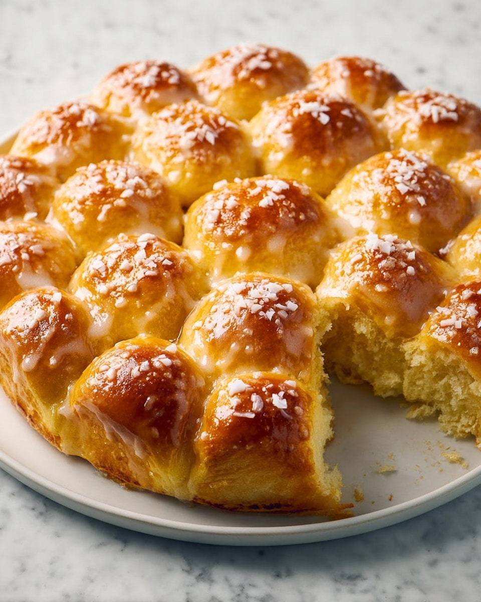 A round bread made up of small, round buns tightly placed together, with each bun having a shiny, golden-brown top and a light creamy glaze. The buns are soft and fluffy showing a light yellow color below the glazed top, sprinkled lightly with white coconut flakes. Two small pieces are pulled out from the right side, revealing the airy and soft inside texture. The bread sits on a large white plate on a white marbled surface. photo taken with an iphone --ar 4:5 --v 7