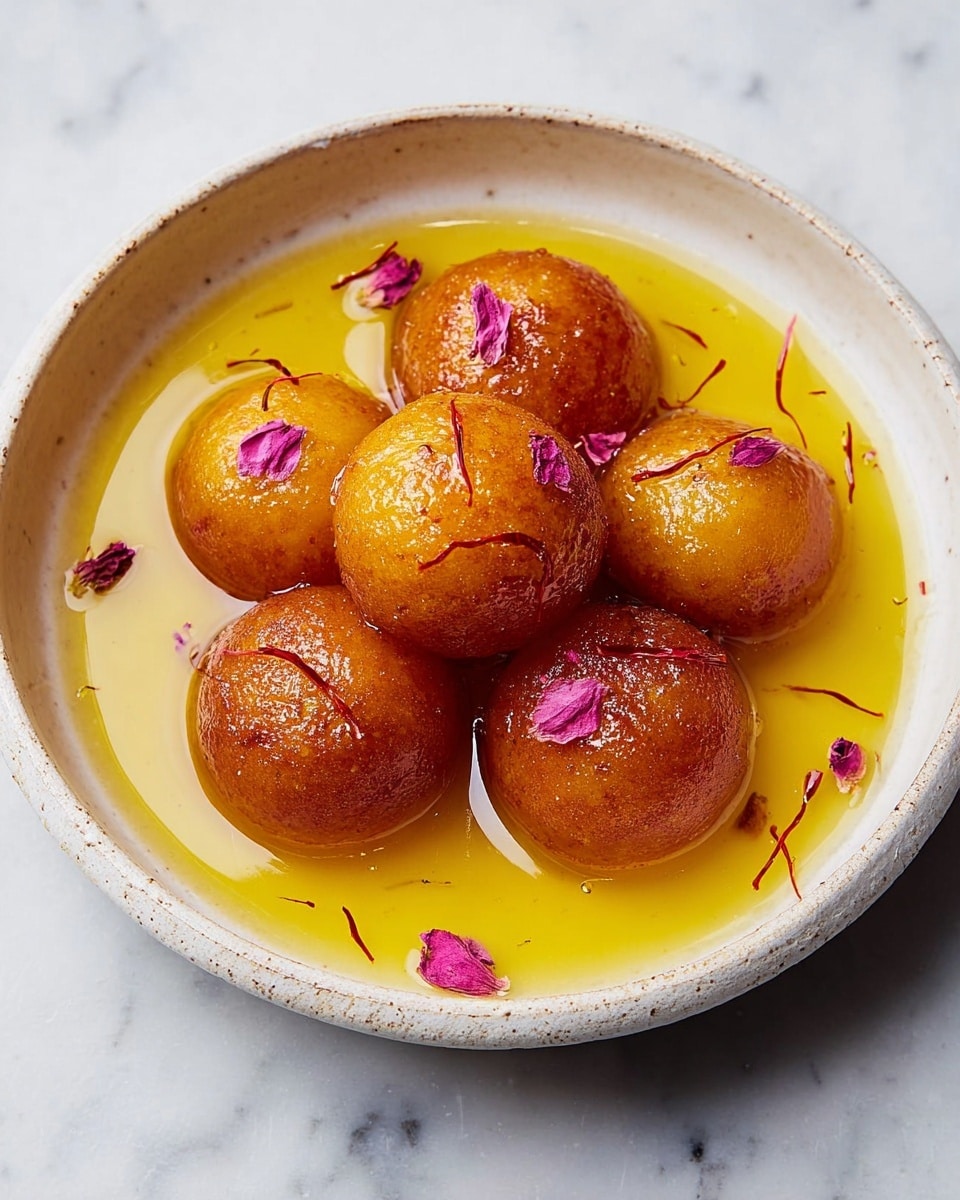 The image shows five round golden-brown fried balls placed close together in a shallow pool of bright yellow syrup inside a white bowl with a slightly rough rim. The balls have a shiny, glazed texture reflecting light, making them look moist and soft. Scattered on and around the balls are small, delicate pink rose petals and thin red strands, adding color contrast and detail to the dish. The bowl sits on a white marbled surface that makes the colors of the dessert stand out clearly. photo taken with an iphone --ar 4:5 --v 7
