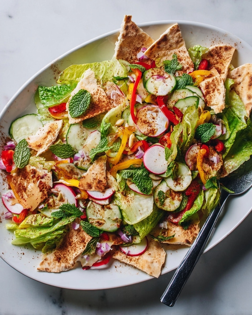 A large white oval plate holds a colorful salad with several layers. The base layer is made of torn pieces of toasted pita bread, light brown with charred spots, spread evenly across the plate. On top, there are fresh green romaine lettuce leaves with a crisp texture, some showing light water drops. Scattered over the lettuce are thin slices of radish, white with pink edges, and cucumber slices with pale green centers and darker green edges. There are also thin strips of red and yellow bell peppers adding bright colors, along with small bits of diced red onion. Sprinkled throughout are fresh green mint leaves. The salad is lightly dusted with a fine dark brown spice. Two black chopsticks rest on the edge of the plate. The plate is placed on a white marbled surface. photo taken with an iphone --ar 4:5 --v 7