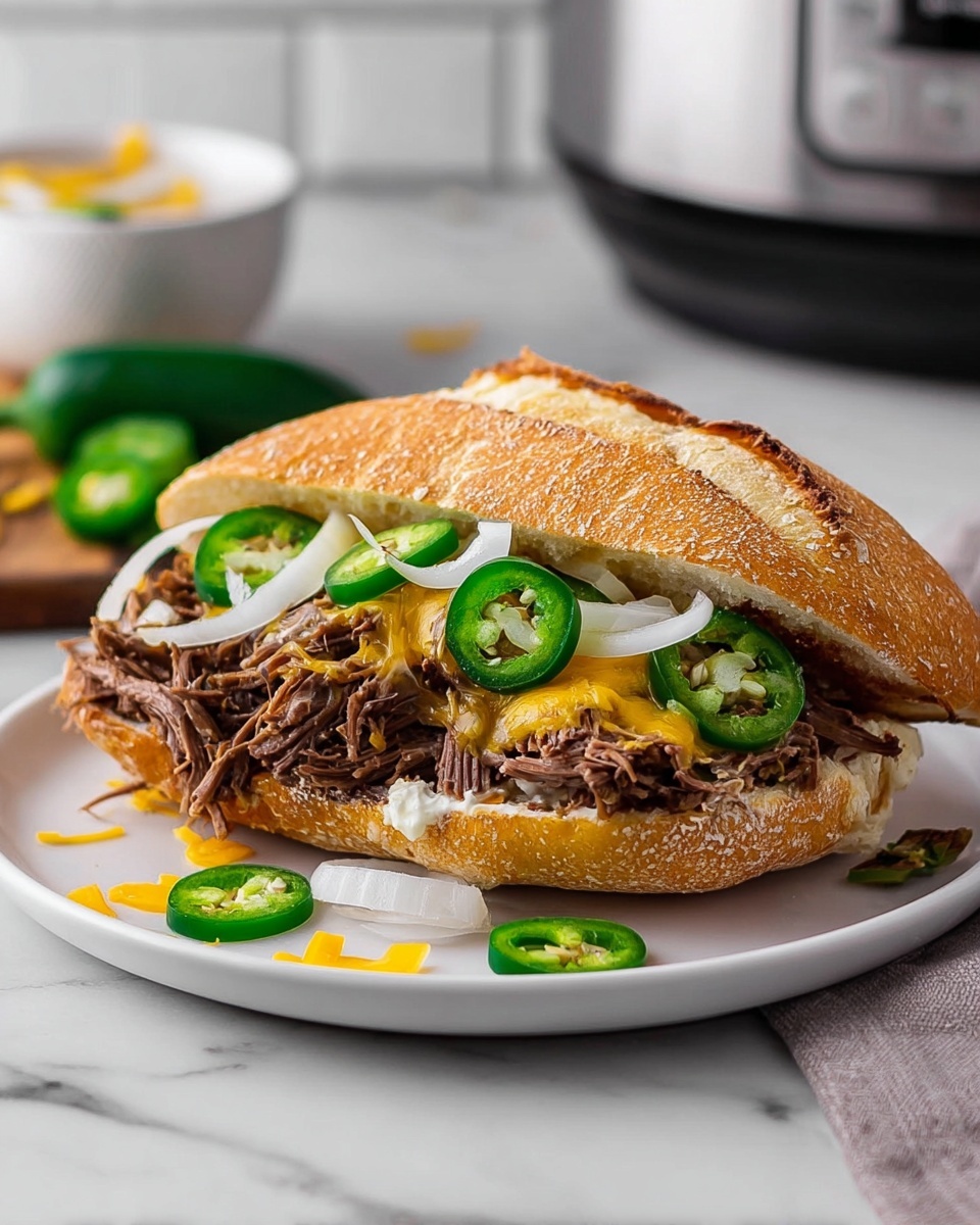 A sandwich on a white plate with a toasted, golden-brown bread roll that is slightly crisp on the outside. Inside, there are shredded pieces of tender, dark brown beef forming the base layer. On top of the beef, there are thin rings of white onion scattered, followed by several slices of fresh green jalapeño peppers. Melted yellow cheddar cheese is drizzled over the jalapeños, adding a creamy texture. Some cheese bits and onion slices are scattered on the plate around the sandwich. The plate sits on a white marbled surface with a blurred background showing a part of a kitchen appliance and a few jalapeño slices nearby. photo taken with an iphone --ar 4:5 --v 7