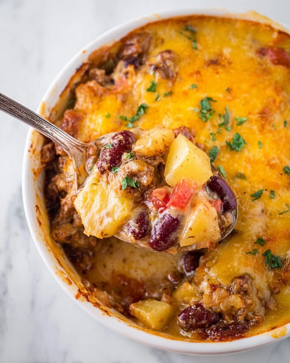 A close-up of a white bowl filled with a layered baked dish. The top layer is golden melted cheese with hints of orange, covering a mix of kidney beans, ground meat, diced potatoes, and small pieces of red tomato. Bright green chopped herbs are sprinkled on the cheese, adding a fresh contrast. A silver spoon is scooping beneath the cheese, revealing the thick, hearty layers with a mix of creamy and chunky textures. The bowl sits on a white marbled surface. photo taken with an iphone --ar 4:5 --v 7