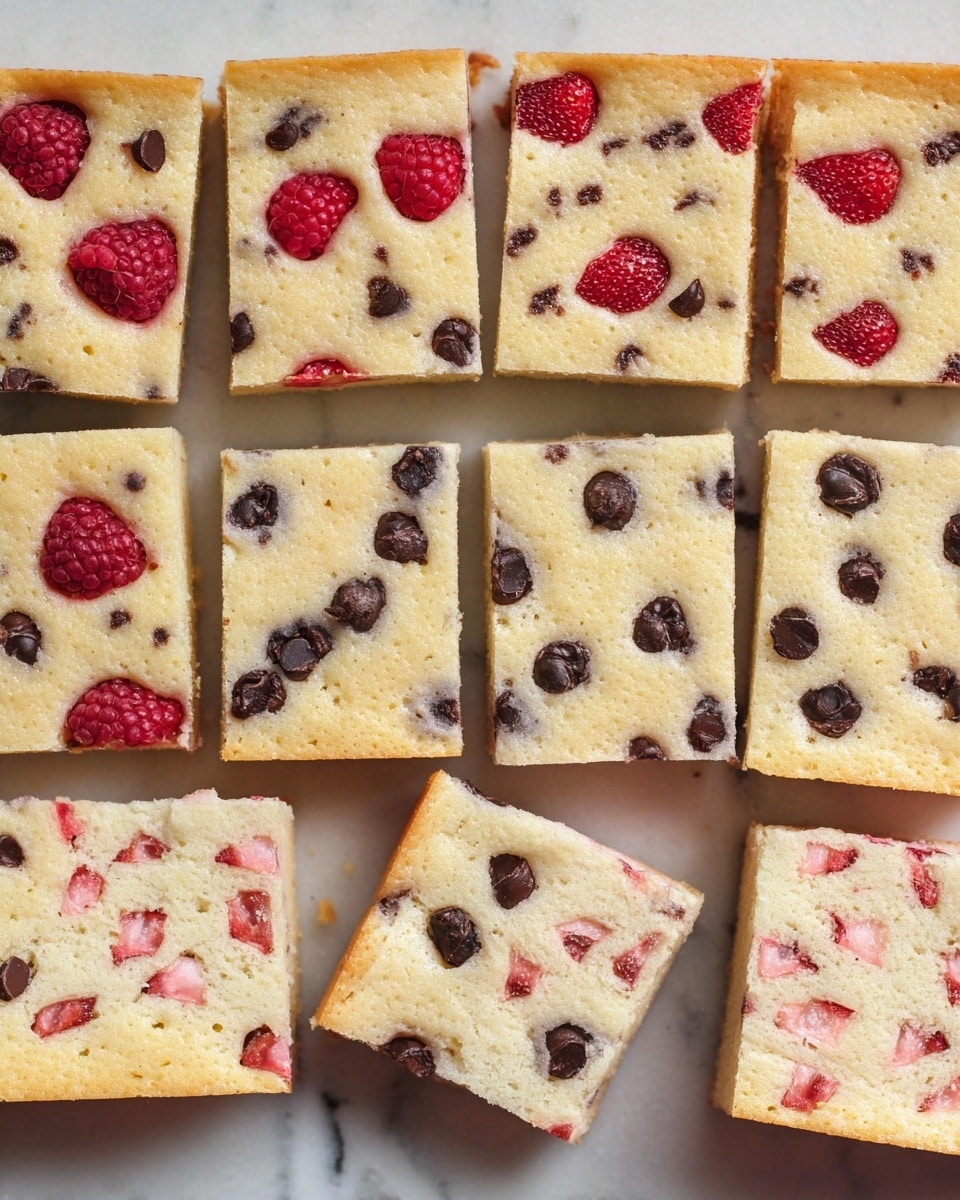 A flat, rectangular dessert cut into 15 square pieces sits on a white marbled surface. Each piece shows a light golden baked top layer speckled with embedded fruit or chocolate. Four pieces are topped with whole raspberries, their bright red color contrasting with the pale crust. Four other pieces have scattered dark chocolate chips embedded, adding small dark brown spots to the surface. Five pieces are decorated with blueberry spots, showing deep blue and purple hues, and the remaining pieces feature chopped strawberries, with small red and pink chunks spread evenly. The layers are thin, with a visible soft texture, and each piece shows slight browning around the edges. photo taken with an iphone --ar 4:5 --v 7