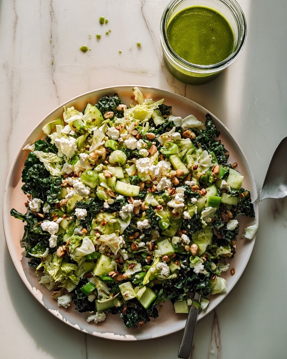 A large white plate filled with a fresh salad showing multiple layers: at the base, dark green chopped kale and lighter green chopped cabbage pieces; spread on top are small cubes of cucumber and chopped green onions; scattered throughout are white crumbly pieces of cheese and light brown toasted seeds adding texture; drizzled over the salad is a green herb dressing creating small pools and streaks; on the side above the plate, there is a clear glass jar containing more green dressing; the plate and jar are placed on a white marbled surface with soft natural lighting highlighting the fresh ingredients; a metal spoon is partially visible on the right side of the plate. Photo taken with an iphone --ar 4:5 --v 7
