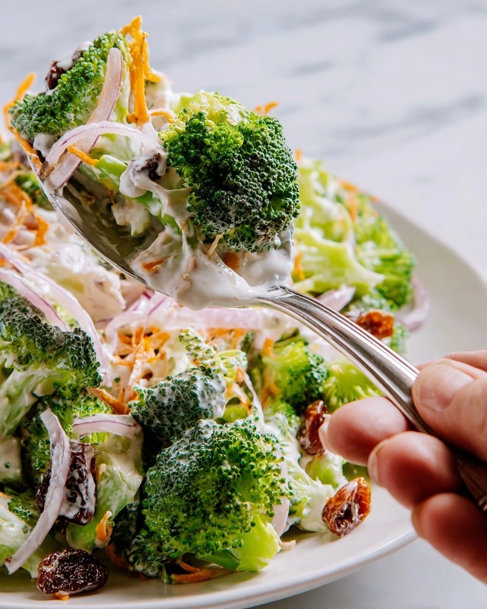 A close-up view of a broccoli salad being served from a white plate. The salad has several layers: bright green broccoli florets form the main base, mixed with thin, pale purple slices of onion and small orange shredded carrot pieces scattered throughout. White creamy dressing coats several parts of the salad, giving a smooth texture. There are also some dark brown raisins or nuts mixed in. At the bottom right, a woman's hand is holding a silver spoon, scooping the salad. The background is a white marbled texture. Photo taken with an iphone --ar 4:5 --v 7