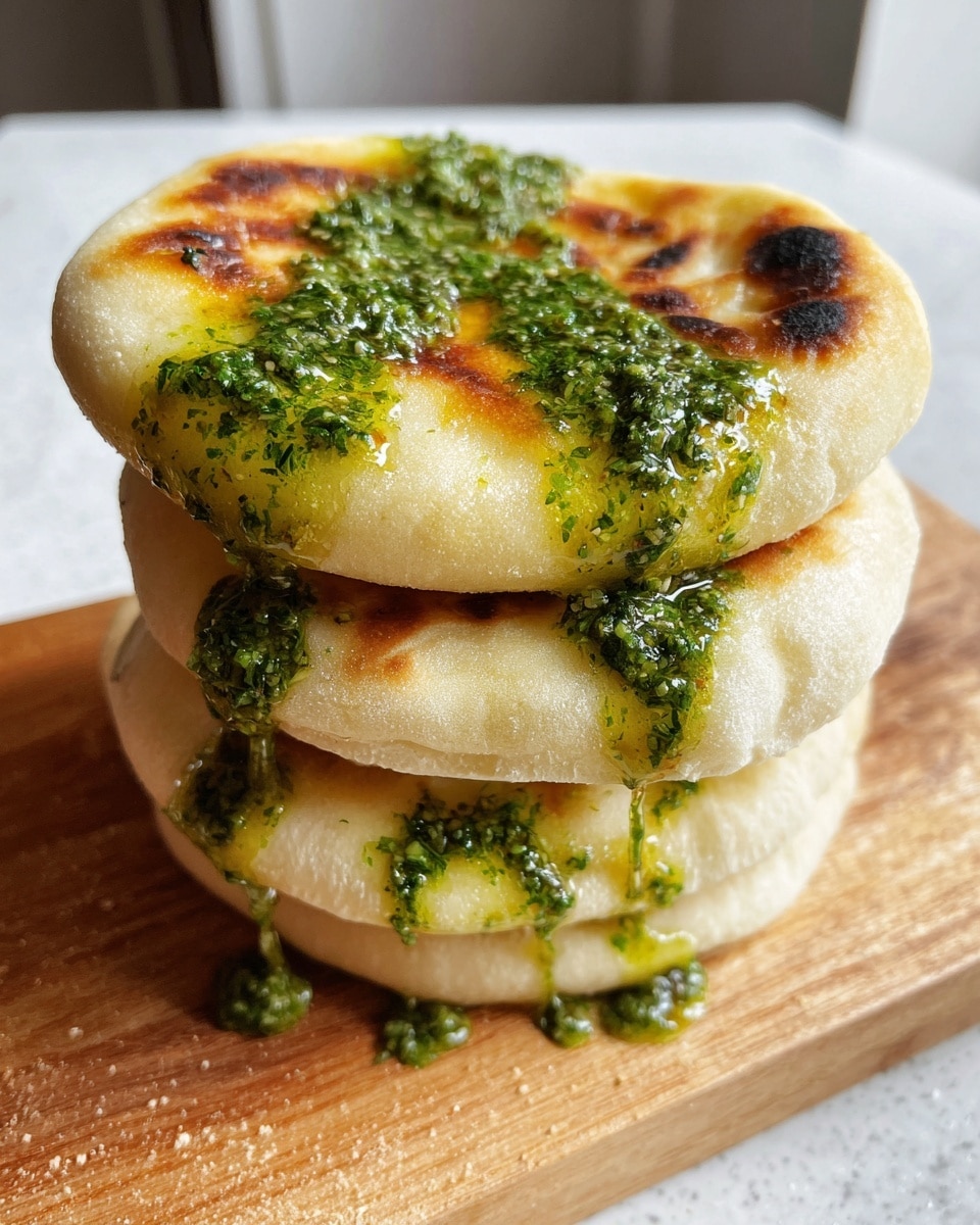 A close-up view of a stack of four thick, round, lightly browned bread pieces with a soft texture, placed on a wooden cutting board. Each piece is pale beige with some golden toasted spots on the top layer. A thick, vibrant green sauce with visible herb bits is generously poured over the top bread, dripping down the sides of all layers and pooling slightly at the base. The background shows a white marbled texture surface beneath the cutting board. photo taken with an iphone --ar 4:5 --v 7