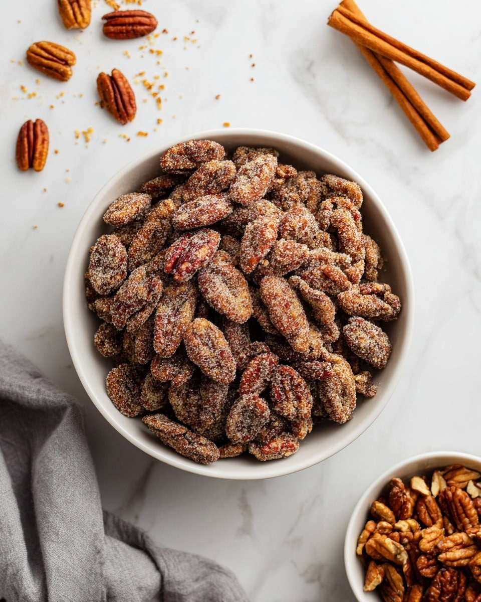 A white bowl filled with many candied pecans, each nut coated in a crunchy, sugary layer with a rough texture, showing their natural brown and reddish tones beneath the sugary crust. Around the bowl, on a white marbled surface, are a few loose pecans and two cinnamon sticks positioned neatly to the right. Part of a white bowl filled with plain pecans is visible at the bottom right corner, and a soft gray cloth is draped over the surface near the bottom left. photo taken with an iphone --ar 4:5 --v 7