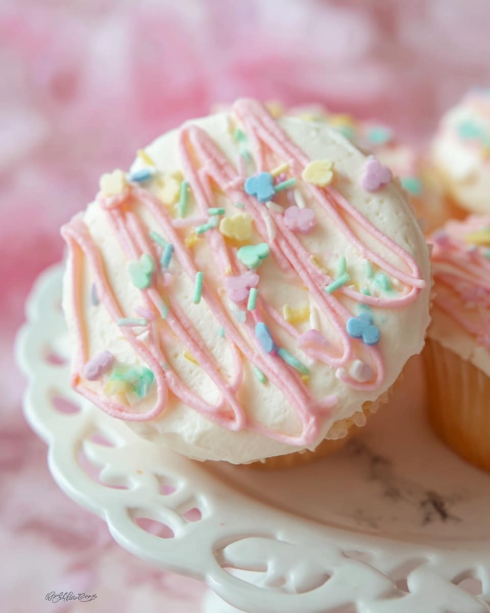 A small cake with two layers of light yellow sponge cake sits on a white lace cloth on a white plate with holes around the edge. The cake is covered in smooth white frosting, decorated with thin pastel blue, pink, and green drizzle over the top and sides. The top layer is cut and balanced on the bottom layer, showing the soft and airy texture inside, separated by a thin layer of white frosting. Some pastel-colored round sprinkles are scattered on the white plate around the cake. The background is a white marbled texture with blurred edges. photo taken with an iphone --ar 4:5 --v 7