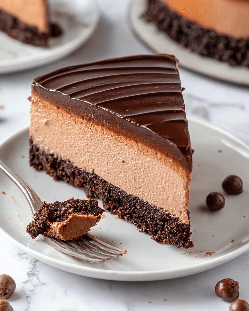 A slice of chocolate mousse cake sits on a white plate over a white marbled surface. The cake has three clear layers: a crumbly dark brown chocolate crust at the bottom, a thick, smooth light brown chocolate mousse middle, and a shiny dark chocolate ganache on top with gentle wavy lines. A fork in front of the cake holds a piece showing the same layers with the crust on top. There are a few small round chocolate balls and crumbs scattered around the plate. Photo taken with an iphone --ar 4:5 --v 7