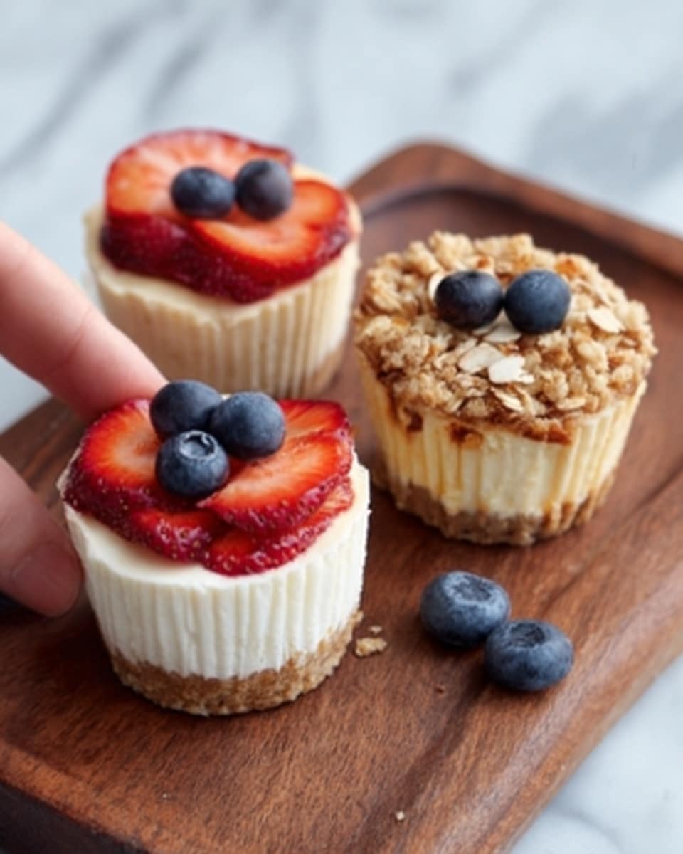 The image shows three small cheesecake cups placed on a wooden board. Each cup has a golden crust visible as the bottom layer. On top of one cheesecake, there is a smooth white creamy layer covered with fresh strawberries slices and three blueberries. Another cheesecake has a shiny topping decorated with three blueberries, and the third cup is covered with a golden-brown toasted oat and nut crumb topping. A few loose blueberries are scattered around the board. A woman's hand reaches toward the cheesecake with the oat crumb topping. The background is a white marbled texture. Photo taken with an iphone --ar 4:5 --v 7