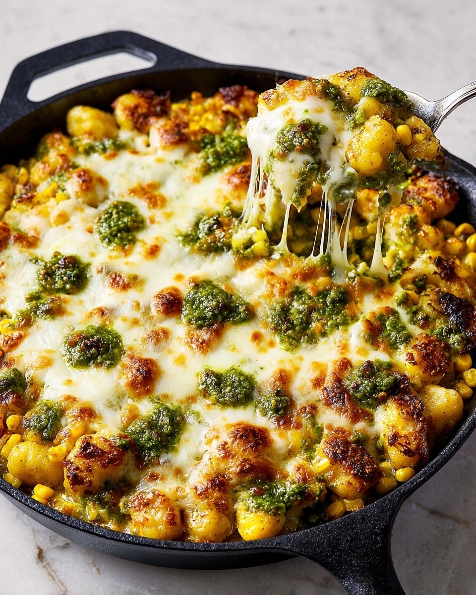 A black cast iron skillet filled with a cheesy baked dish showing three main layers: a bottom layer of yellow corn kernels with a slight sheen, a thick middle layer of melted white cheese that is browned and bubbly on top, and scattered golden brown gnocchi pieces coated with green pesto sauce. The top surface is speckled with coarse black pepper and bright green pesto dollops. A spoon lifts a portion from the skillet, revealing stretchy white melted cheese connecting the main dish to the spoonful, which also contains corn, gnocchi, and pesto. The skillet rests on a white marbled texture. Photo taken with an iphone --ar 4:5 --v 7