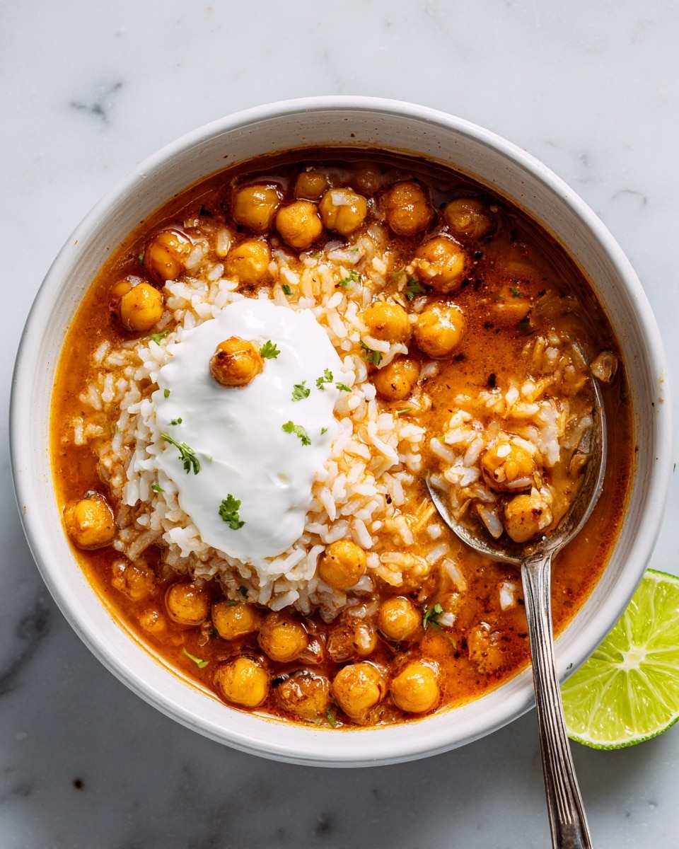 A white bowl filled with a stew-like dish, showing three main layers: the bottom layer is soft, white rice partially submerged in an orange-brown broth, the middle layer includes crispy golden chickpeas scattered across the top, and the top layer presents a thick dollop of smooth, white sour cream slightly melting into the stew. A silver spoon is dipped into the bowl, lifting some rice and broth, with part of the spoon visible on the right side. The bowl sits on a white marbled surface next to a half lime wedge, adding a fresh green contrast on the right side of the image. photo taken with an iphone --ar 4:5 --v 7