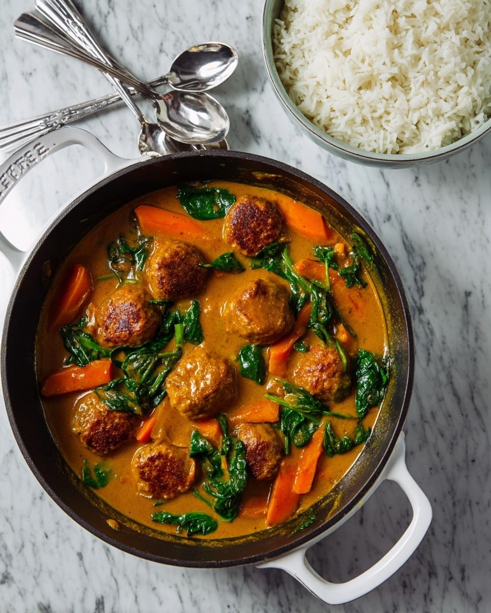 A close-up of a white cast iron pan filled with a brown curry sauce containing orange carrot slices, bright green wilted spinach leaves, and nine golden-brown meatballs spread evenly in the sauce. The pan sits on a white marbled surface with a large silver serving spoon resting inside. To the top right, a white bowl filled with white rice is partially visible. Three shiny silver spoons lie together on the marbled surface near the bowl. Photo taken with an iphone --ar 4:5 --v 7