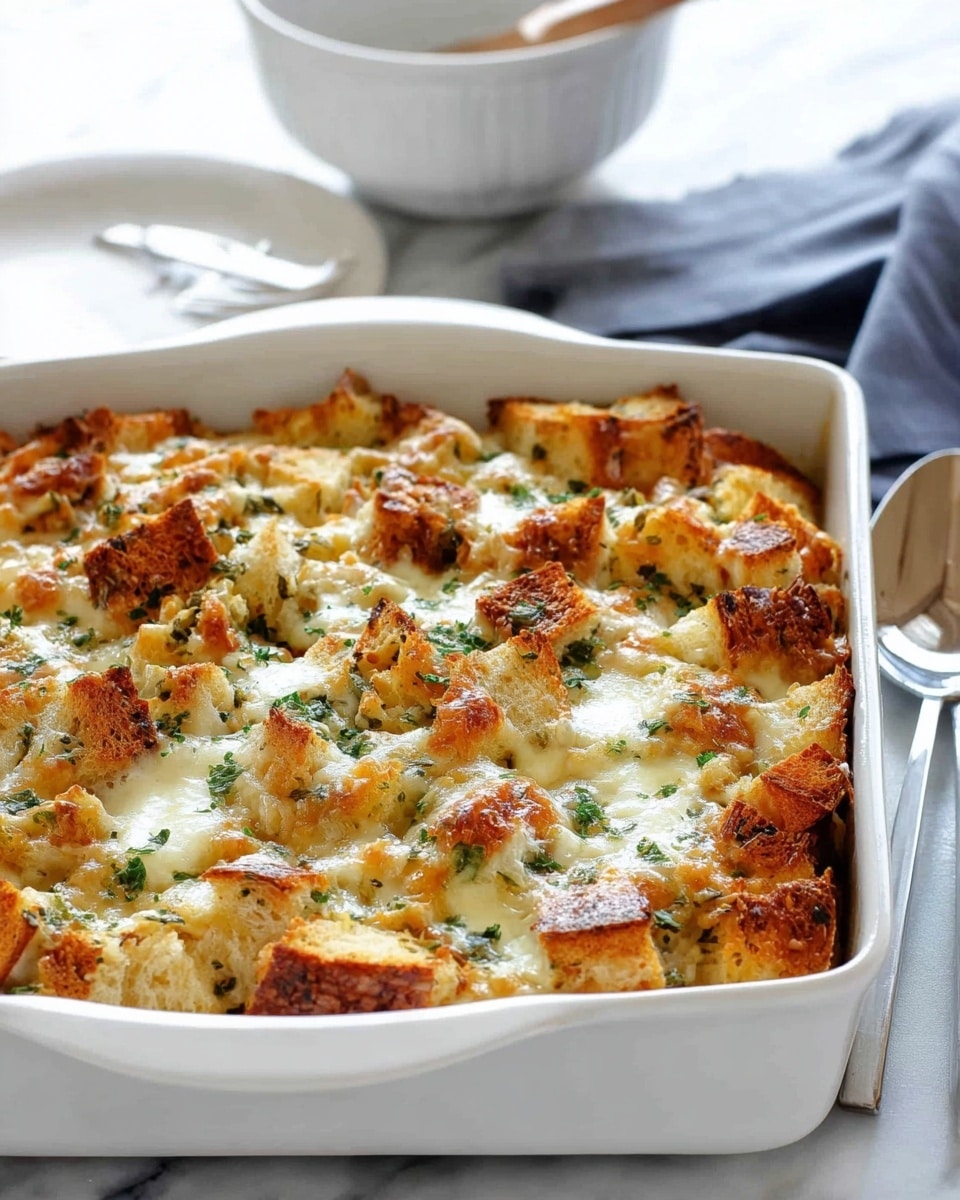 A white baking dish shows a layered casserole being served with a silver spatula held by a woman's hand. The top layer is golden-brown melted cheese with browned bubbly spots and green herbs scattered throughout. Inside the dish, visible layers include white and light brown bread cubes, green leafy vegetables, cooked chunks of light-colored meat, and some melted cheese. The background is a white marbled texture, and the dish is placed on a white and blue checkered cloth on a wooden surface. Photo taken with an iphone --ar 4:5 --v 7
