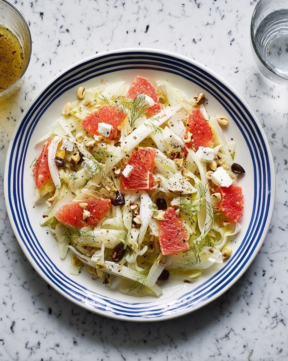 A white plate with blue stripes holds a fresh salad made of thin, pale green and white fennel slices spread across the base. On top, there are bright pink grapefruit segments, small pieces of white cheese, dark brown Kalamata olives, scattered golden pine nuts, and light green fennel fronds adding texture. The ingredients look lightly sprinkled with black pepper or seasoning. The plate is set on a white marbled texture surface with a small glass bowl of dressing nearby, partly visible. photo taken with an iphone --ar 4:5 --v 7
