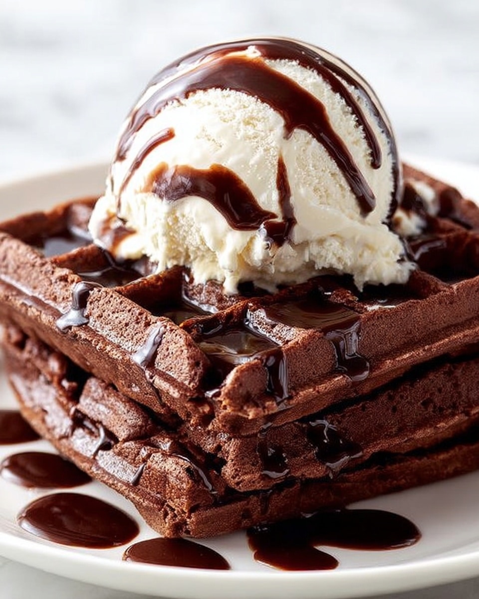 The image shows two stacked chocolate waffles with a rich, dark brown color and a slightly crispy texture visible around the edges. On top of the waffles sits a generous scoop of creamy white vanilla ice cream, smooth and rounded with a soft texture. The ice cream is drizzled with glossy, dark chocolate syrup, which also cascades over the waffles, adding a shiny contrast to the matte waffle surface. The whole dessert rests on a white plate, placed on a white marbled textured surface with soft natural light highlighting the layers and textures. photo taken with an iphone --ar 4:5 --v 7