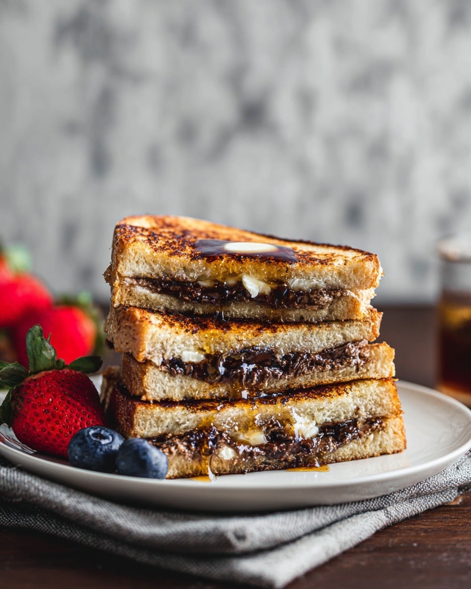 A stack of three grilled chocolate sandwiches sits on a white plate with two blueberries and half a strawberry on the side. Each sandwich is cut diagonally, showing two thick slices of golden-brown toasted bread with melted dark chocolate filling in the middle. The top sandwich has a small dollop of melting butter with syrup dripping down the sides. The plate rests on a folded grey cloth on a wooden surface, with a blurred white marbled background. photo taken with an iphone --ar 4:5 --v 7